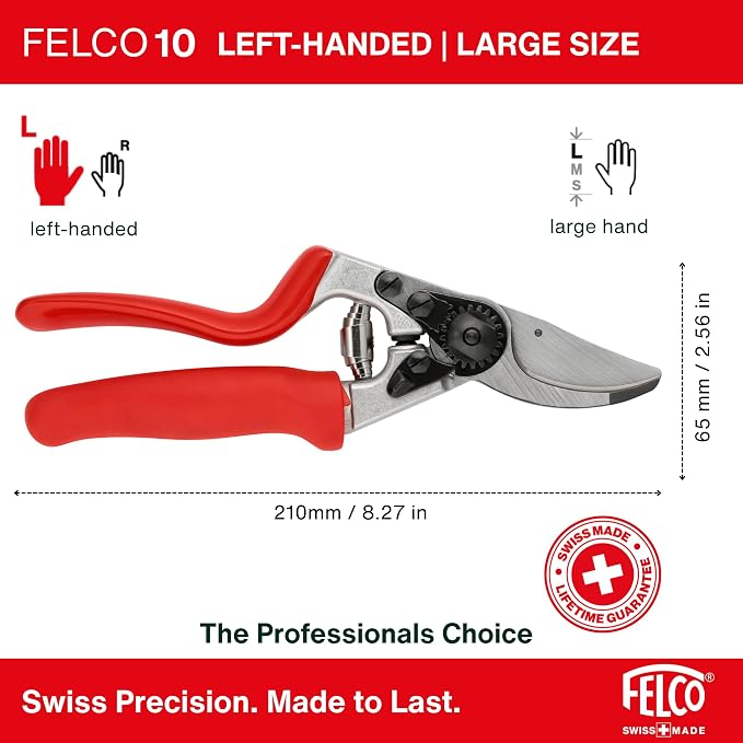 Felco F10 Pruning Shears – 8.3" Swiss-Made Left-Handed Garden Clippers with 25mm Cutting Capacity | Hand Pruners for Gardening | Garden Tool Cutter with Precision Bypass Blade, Aluminum Handles