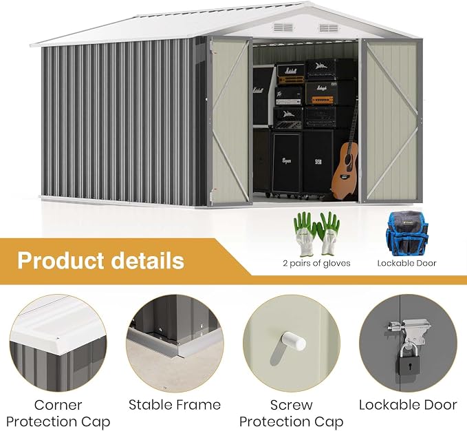 Patiowell 8 x 12 FT Outdoor Storage Shed, Metal Storage Shed, Gray | Steel Shed Storage House with Design of Lockable Doors, Utility and Tool Storage for Garden, Patio, Backyard, Outside use