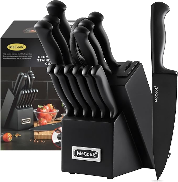 McCook Knife Set Black Kitchen Knife Block Set w Built-in Sharpener | German Forged Stainless Steel,15 PC,Razor Sharp, Anti-Rust,Ergonomic Handle,Full Tang,Dishwasher Safe,Gift Box