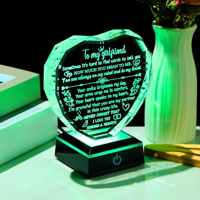 Arikyrist Gifts for Girlfriend Mothers Day Heart Crystal Keepsakes to My Girlfriend with Colorful Base Anniversary Birthday Graduation Gifts for Girlfriend from Boyfiend