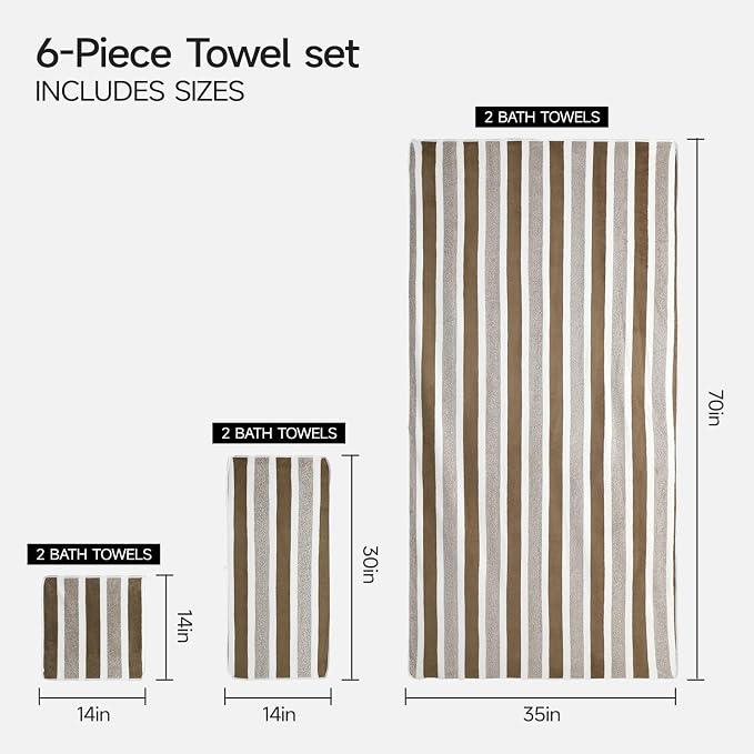 REDKISS 6-Piece Microfiber Bath Towel Set, Ultra Soft, Highly Absorbent & Quick Dry, 35x70 Inch Oversized, Brown Towels for Bathroom, Spa, Gym, 2 Bath 2 Hand 2 Washcloths