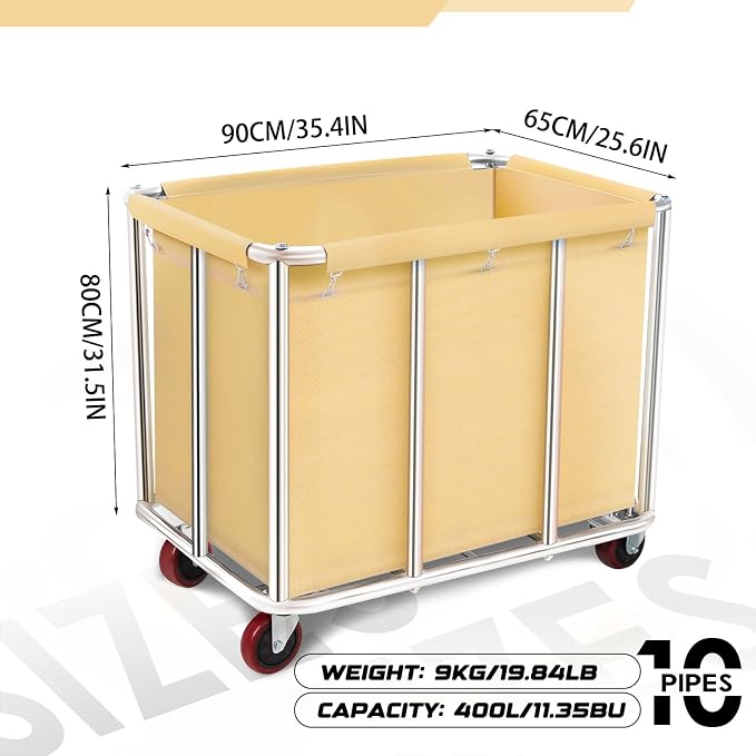 Commercial Laundry Cart with Wheels, 11.42 Bushel Large Laundry Rolling Bins with Removable Waterproof Canvas Lining Basket, Heavy Duty Stainless Steel Laundry Hampers for Hotels & Hospital