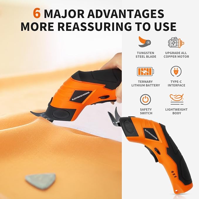 Super Scissors, Cardboard Cutter，Electric Box Cutter,Ultimate Cutting Tool for Home& Craft,Cordless Electric Scissors 2 Blades Included，Cutting Fabric, Cardboard & Plastic（Orange Color）