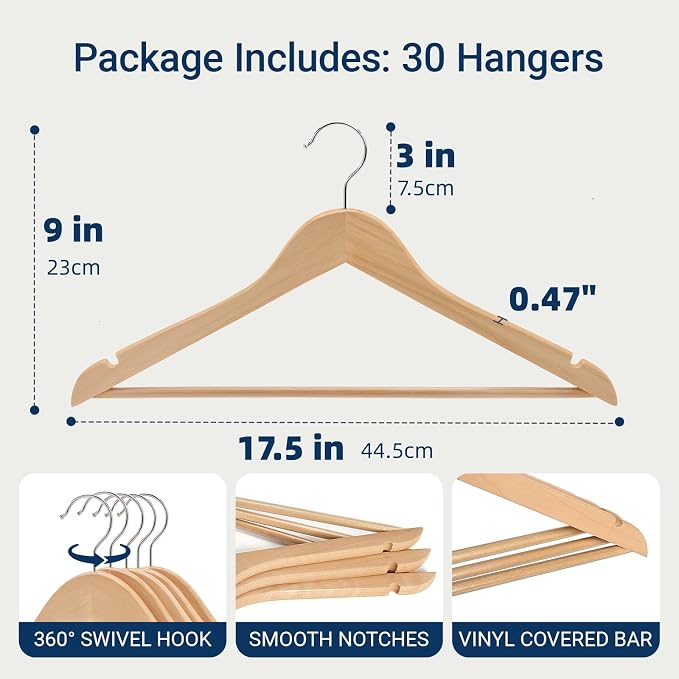 Amber Home 30 Pack Wooden Coat Hangers, Natural Wood Suit Hangers with Non-Slip Pant Bar, Clothes Hangers for Closet Organization, Shirts, Jackets, Dresses, and Pants (Natural, 30)