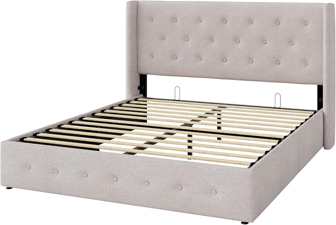 Allewie Queen Size Lift Up Storage Button-Tufted Bed Frame Light Beige | Modern Wingback Headboard, Hydraulic Support Storage, No Box Spring Needed