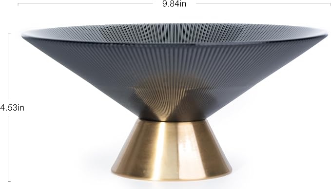 Tapered Glass Decorative Bowl (Gray), 9.8 Inches Handblown Striped Design Glass Bowl with Rust Resistant Metal Base,Decorative Fruit Bowl for Home Decor,Table Centerpiece,Kitchen Island,Dining Decor
