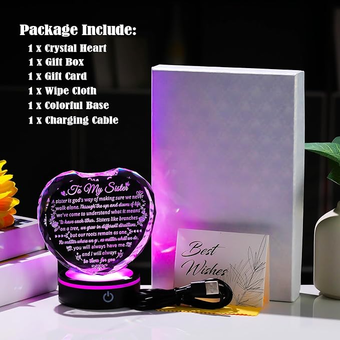 Arikyrist Sister Gift from Sister Brother on Birthday with Colorful LED Base, Crystal Heart Keepsake for Sisters Women - Mother's Day Valentine Gift Idea for Her
