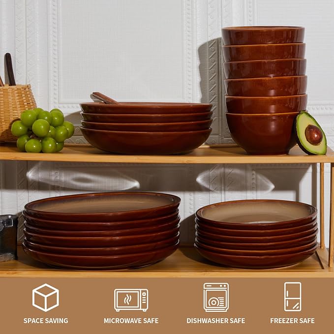 Pokini Ceramic Dinnerware Sets for 6, 18 Pieces Stoneware Plates and Bowls Sets, Chip and Crack Resistant Dishes, Dishwasher & Microwave Safe Dishware Sets, Brown Yellow