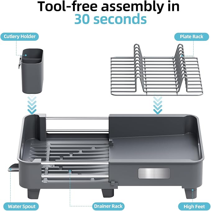 TOOLF Extendable Dish Drying Rack for Small Kitchen Counter, Gray | 12.8-20.35 in, Unique Stainless Steel Design, Auto-Drainage, Perfect for Small Kitchens & Busy Kitchens