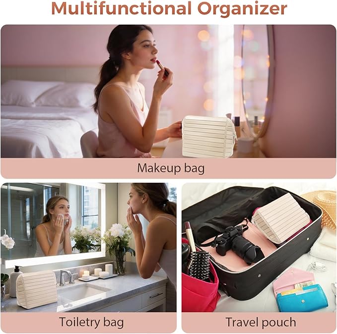 Travel Makeup Organizer Bag with Fold-Down Design and Adjustable Dividers, 27 Pockets & 3 Brush Storage Holders, Large Capacity Cosmetic Bags Toiletry Case - White