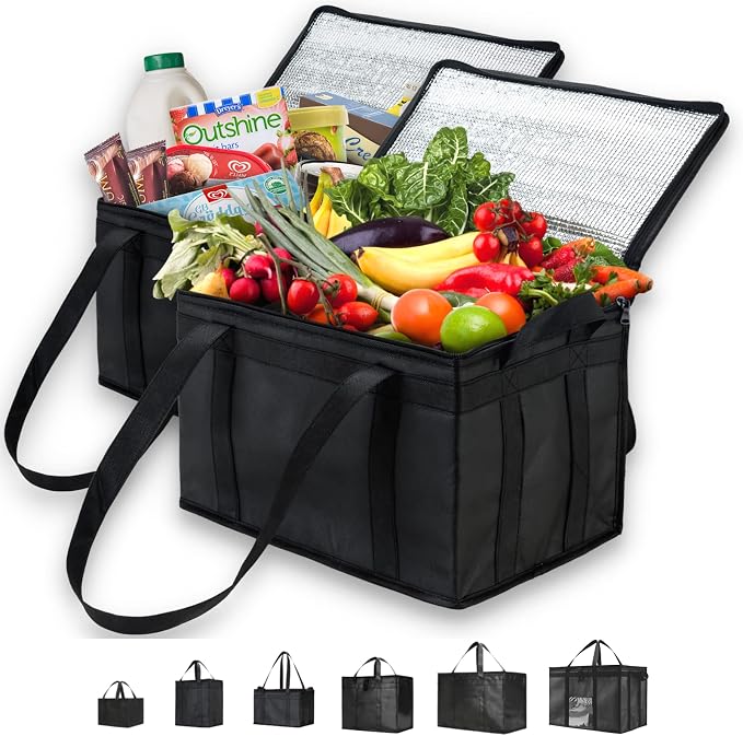 NZ home Insulated Food Bag, Portable Cooler Tote (Large, Black, 2 Pack) | Thermal bag, For cold and hot food, Soft sided cooler, Heavy duty 6-layered tote, Grocery shopping, Beach or travel bag