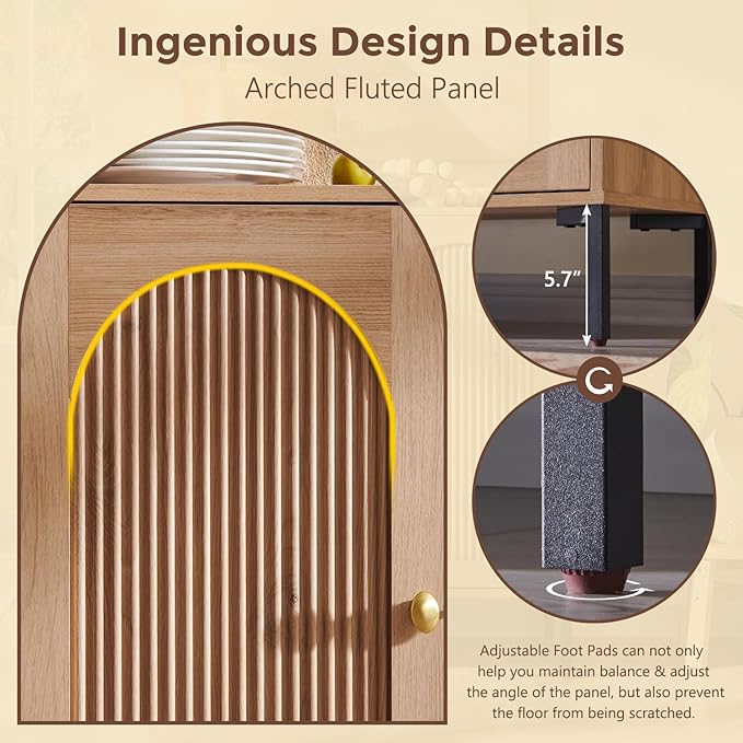 IFGET 34" Tall Modern Arched Sideboard Buffet Cabinet with Storage, Natural | Fluted Arch Sideboard Cabinet w/Adjustable Shelves, Wooden Modular Kitchen Cabinet for Dining& Living Room, Entryway