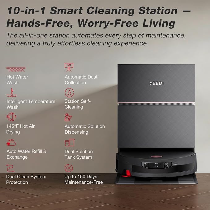 Yeedi S20 Infinity Ultra Robot Vacuum and Mop, FocusJet Stain Pre-Dissolving Tech, Mop Roller Smart Cover, 22000Pa Suction, 145°F Hot Air Dry, PowerBoost Plus Tech, AI Obstacle Avoidance,Omni Station