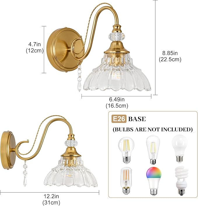 1 Piece Vintage Wall Sconce, 1-Light Brushed Gold Finish Wall Sconce with Hanging Crystal Accents and Flower-Shaped Clear Shades for Bathroom Bedroom Living Room,Vintage Vanity Light