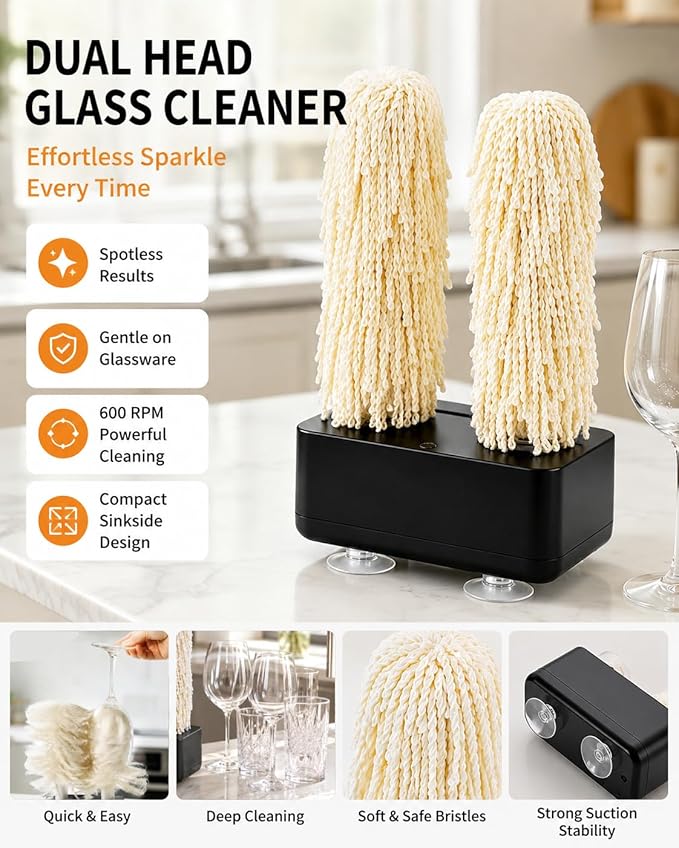 Wine Glass Cleaner Polisher Washer Machine for Home kitchen Sink with Eco-Friendly Brush Head Quick Polish&Clean Beer Whiskey Highball Glassware polishing kit 600 RPM
