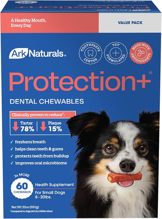 Ark Naturals Protection+ Brushless Toothpaste Chews - Small Breeds (60 ct) | Vet Formulated Dog Dental Chew with Toothpaste Center - Freshens Breath and Prevents Plaque & Tartar