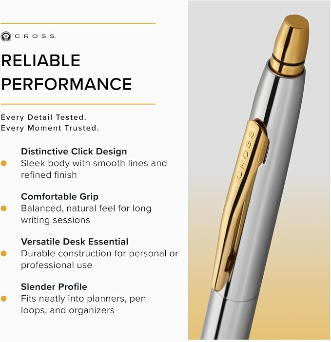 Cross Click Medalist Chrome with Gold-tone Appointments Ballpoint Pen - High-End Writing Tool for Versatile Use - Smooth Writing & Journaling - Elegant Accessory - Long-Lasting - Black Ink