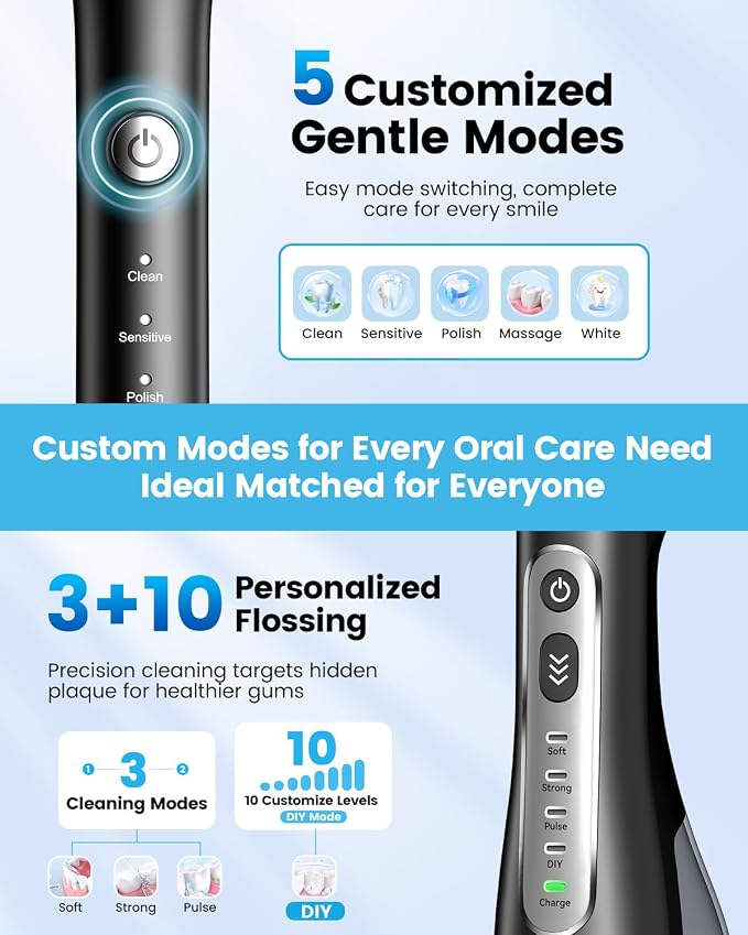 JTF Electric Toothbrush & Water Flosser Combo, 2-1 Portable Oral Clean Kit | Effective Yet Gentle Brushing & Flossing, Multiple Modes for Braces & Sensitive Teeth Care, Cordless for Home Travel, Black
