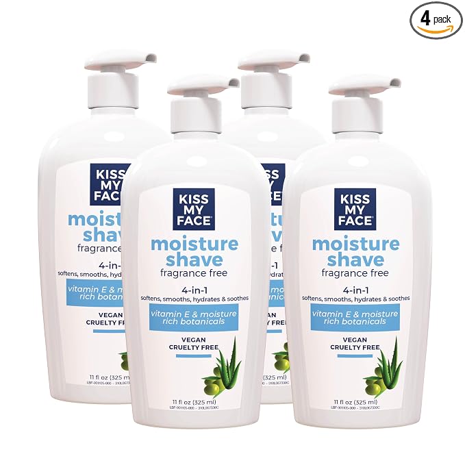Kiss My Face Moisture Shave Cream, Fragrance Free Shaving Cream for Men and Women, 11 oz Pump Bottle, Pack of 4 (Packaging May Vary)
