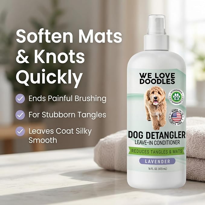 We Love Doodles Large Slicker Brush & Lavender Detangler Spray Pack - for Long-Haired Dogs, Dog Leave-In Conditioner for Reducing Mats, Knots & Tangles, Dematting & Conditioning Kit, 16 oz