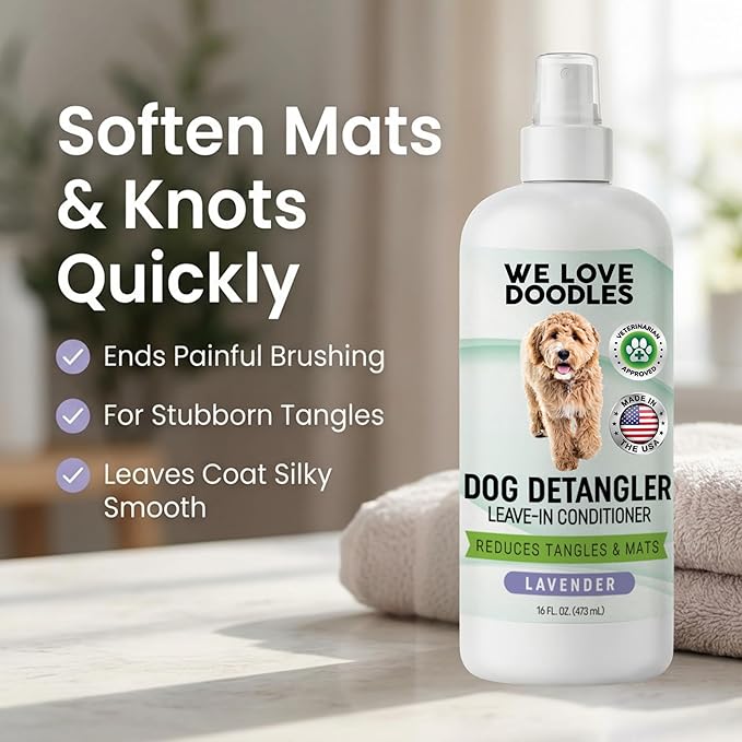 We Love Doodles Small Slicker Brush & Lavender Detangler Spray Pack - Dog Leave-In Conditioner for Reducing Mats, Knots & Tangles, Dematting & Conditioning Grooming Kit, 16 oz