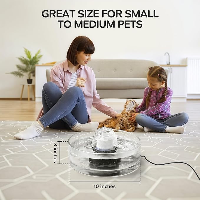 2.7L Glass Pet Fountain –Transparent Glass Cat Water Fountain & Little Dog Drinking Bowl– Automatic Cat Water Dispenser