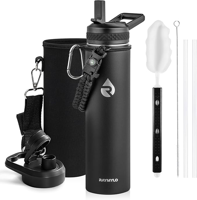 RAYMYLO Insulated Water Bottle 24 oz, Triple Wall Vacuum Stainless Steel (Cold for 24Hrs, Hot for 12Hrs), Leak Proof & Non-BPA, Modern Water Flask Jug with Paracord Handle & Straw Spout Lids