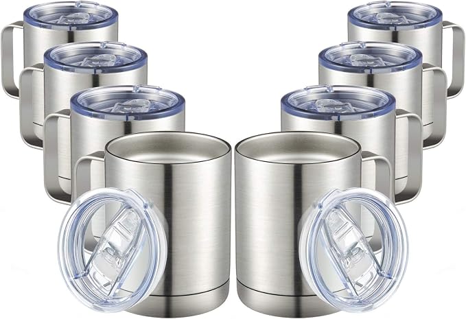MEWAY 12oz Coffee Mug With Handle 8 Pack Bulk,Stainless Steel Insulated Travel Tumblers With Sliding Lid,Double Wall Vacuum Camping Cup for Hot & Cold Drinks Tea (Sliver,Set of 8)