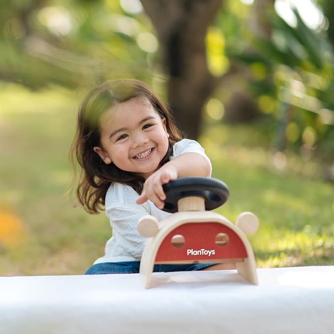 PlanToys® Wooden Driving Console Montessori Kids Pretend Play Dashboard Toy | steering wheel gear shift controls, wooden driving console, montessori pretend play dashboard, role play coordination, kids t