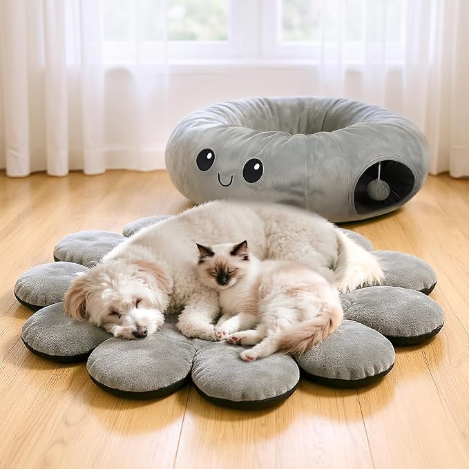 Cat Tunnel Bed for Indoor Cats, Peekaboo Cat Cave Bed with 20 Pcs Cat Toys, Soft Cat Donut Tunnel for Kitten Large Cats, Grey Octopus