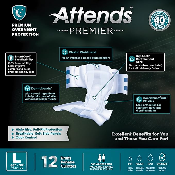 Attends Premier Adult Disposable SmartCool® Briefs, Large, 44-58" High-Rise Waist Tab Closure, Premium Overnight Dry-Lock Protection, Odor Control, 48ct Case