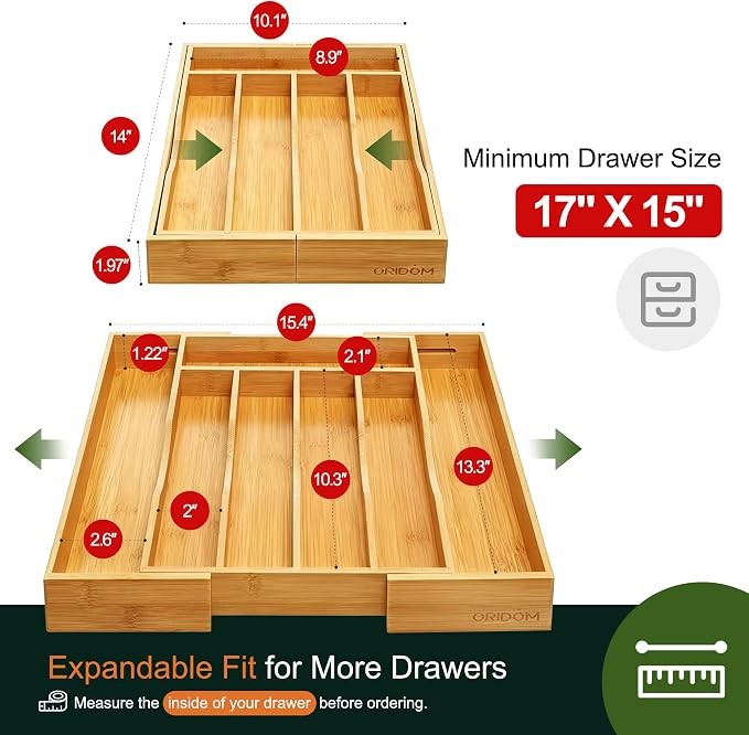 Expandable Bamboo Kitchen Drawer Organizer for Cutlery and Utensils, Adjustable Bamboo Wood Cutlery Tray in Drawer for Flatware and Silverware in Kitchen, (Natural)