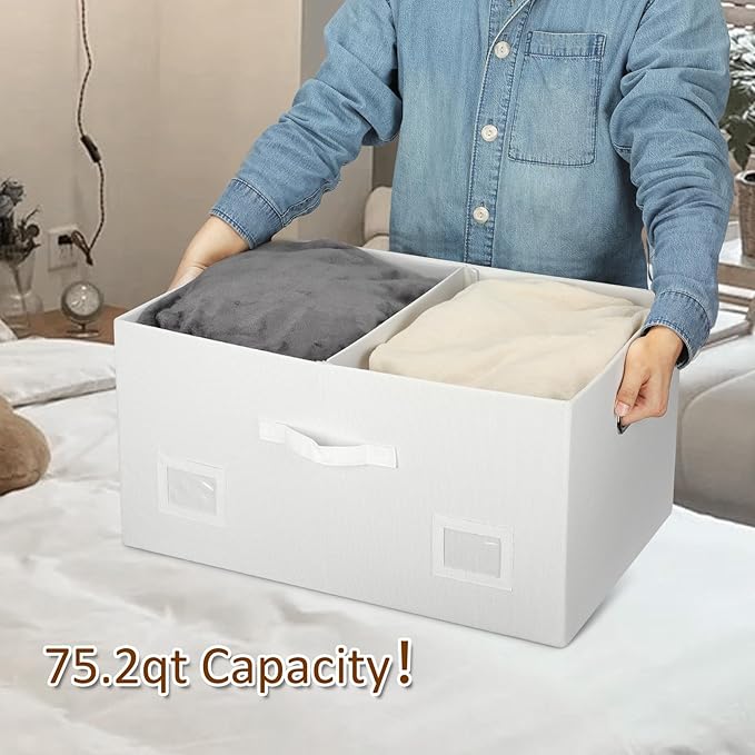 Graciadeco 75 Quarts Extra Large Decorative Storage Bins with Lids, 3 Packs White Collapsible Storage Bins with Lids, Stackable Storage Bins Decorative Box Storage With Lid Extra Large