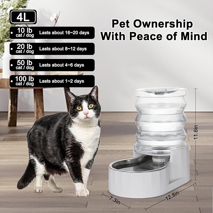 RIZZARI 4L Gravity Cat Water Dispenser: Filter-Free Compact Home Use | No Power Needed/Stainless Steel Bowl/Spill-Resistant Base/Perfect For Cats & Small Dogs/Easy Water Refill
