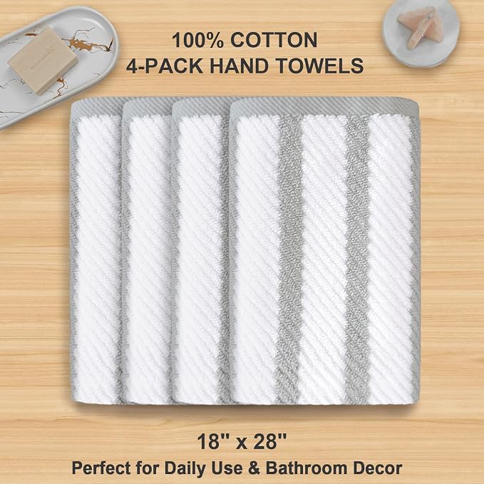 VOOVA & MOVAS Bathroom Hand Towels 4PC, 100% Cotton, 18x28 in, Gray White | Quick Dry, Thick, Soft, Absorbency, Dorm Room Essentials, Ideal For Shower, Gym, Daily Use