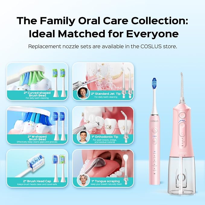 COSLUS C51C30 Water Flosser Electric Toothbrush Combo, 2-1 Oral Clean Kit | Portable Brushing & Flossing for Teeth & Braces Cleaning, Multiple Modes for Family Use, Cordless for Home & Travel, Pink