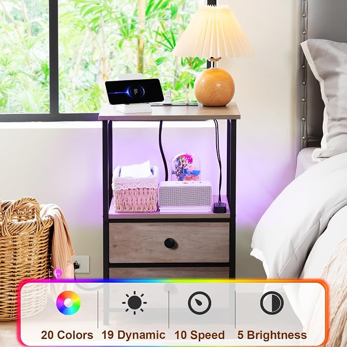 Nightstands Set of 2, LED Night Stand with Charging Station | Bedside Table with Type-C Outlets & 2 Fabric Drawers, End Tables with Storage Shelf for Bedroom, Small Spaces, Grey