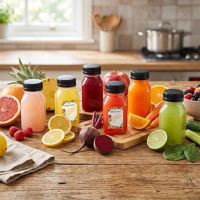 TOMNK 80pcs Juice Bottles with Caps, 4oz Plastic Containers with Lids Empty Reusable Clear Ginger Shots Bottles with Label, Funnel, and Brush Beverage for Juicing, Smoothies, Drinking, Fridge
