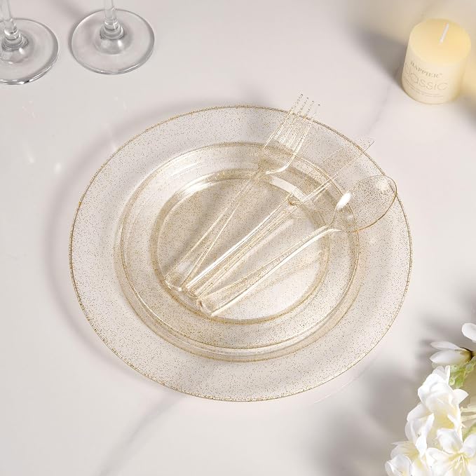 BESTVIP 600PCS Gold Glitter Dinnerware Set for 100 Guests, Plastic Plates for Party, 100 Gold Disposable Plates, 100 Dessert Plates, 100 Cups, 100 Spoons, 100 Forks and 100 Knives