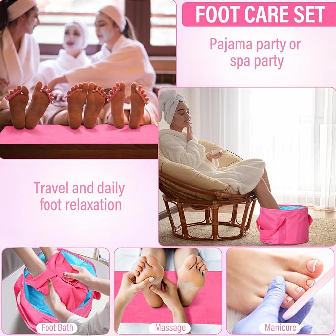 FillTouch 12 Set/ 24 Pcs 15L Foldable Foot Soaking Tub Kit Portable Foot Bath Tub for Soaking Feet with Towel and Storage Bag Soak Spa Bucket for Travel Camping (Rose Red)