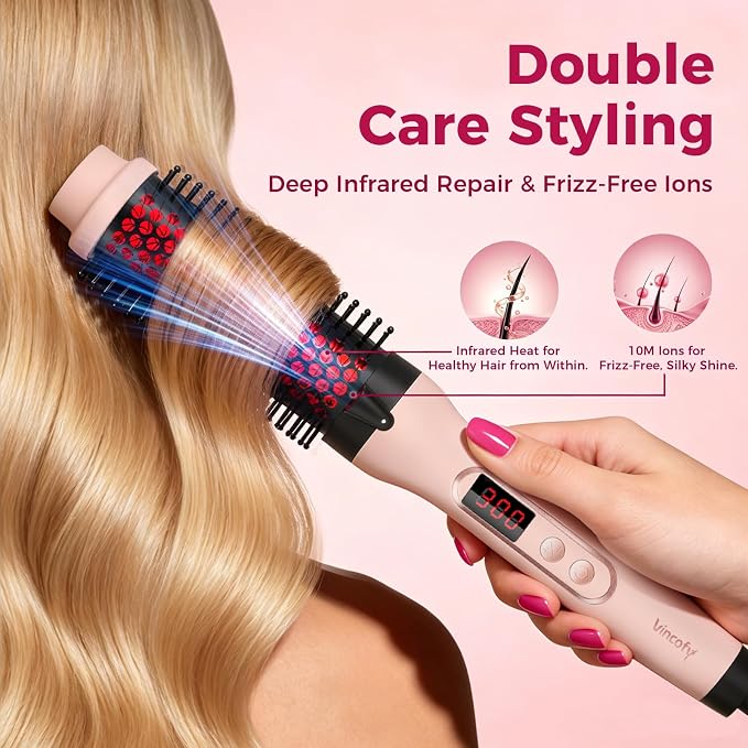 Infrared Thermal Brush, Dual Voltage Negative Ions Heated Round Brush, 1 1/2 Inch Straightener & Curling Iron Brush 2 in 2, Dual PTC Non-Blowing Thermal Round for Wome, Soft Pink