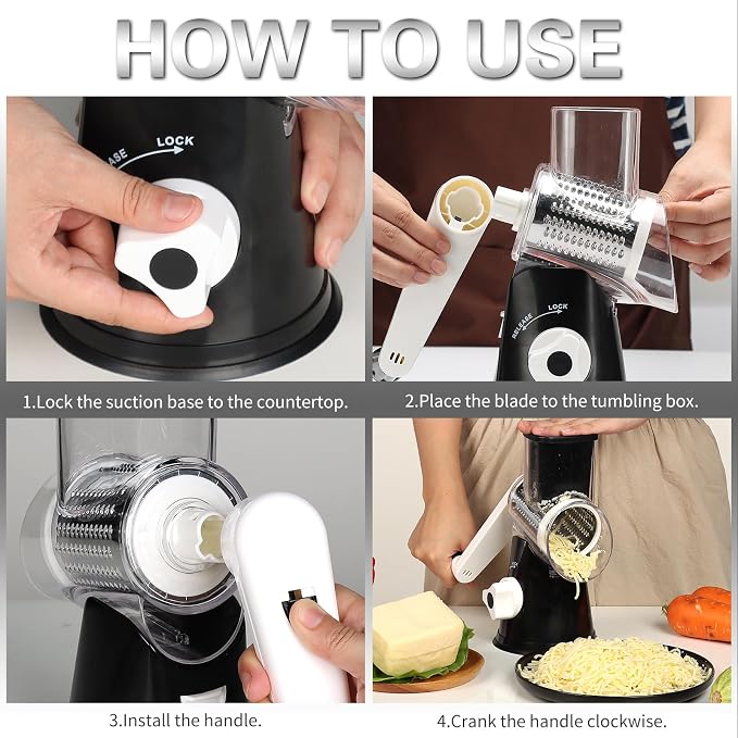 Cambom Rotary Cheese Grater Hand Crank Cheese Shredder for Fresh Cheese, Vegetable, Nuts,Non-slip Suction Base, Three Blades, Black