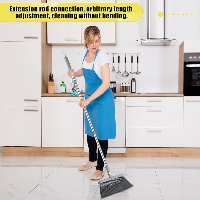 Broom with Dustpan Combo Set, 52'' Long Handle Stainless Steel Poles, Self Cleaning Dustpan Teeth for Home Sweeping Indoor Outdoor Kitchen Office Restaurant Apartment Pet Hair Cleaning Tools