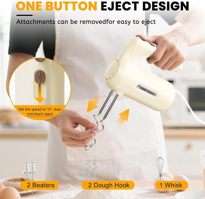 Lord Eagle 5-Speed Hand Mixer Electric, 300W Compact Handheld Mixer, Portable Kitchen Egg Beater with 5 Attachments & Storage Bag, Cake Supplies for Bread Dough Baking, Lightweight, Cream