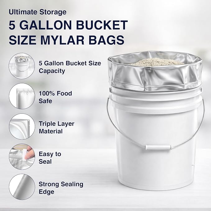 BELLE KR® 30 Pcs 5 Gallon Mylar Bags With 2000CC Oxygen Absorbers - Perfect Bucket Size - 11 Mil Thick - With Sticker Labels and Closure Clip - Smell Proof, Heat Resealable Large Mylar Bag