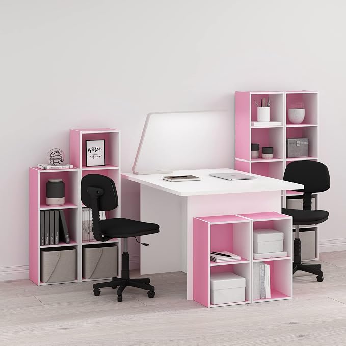 Furinno PASIR Book Shelf, 4-Tier Modern Bookshelf, Open Shelves Bookcase 9 x 12 x 42, Easy Assembly, for Living Room, Bedroom, Home Office, Pink/White