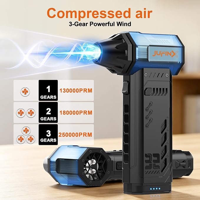Air Duster - 250,000RPM Compressed Air Duster, Replaceable Batteries 2pcs,Long Life-mini Blower, 3-Gear Adjustable- Electeic Air Duster for Keyboard,PCs,Leaves,Car Cleaning (2*Batteries)