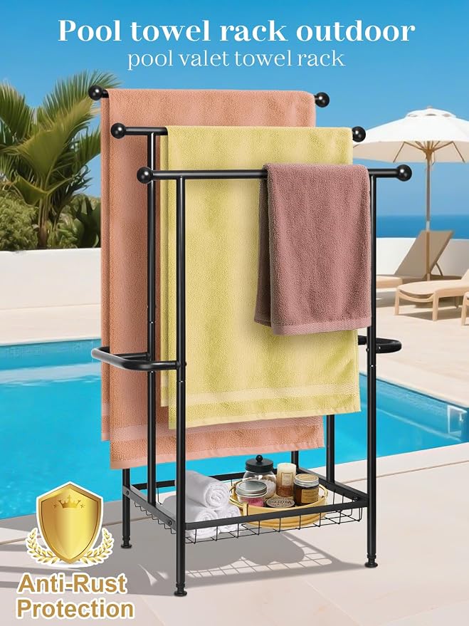Freestanding Towel Rack for Bathroom, Pool & Outdoor, 3-Tier 39" Metal | Rust-resistant metal towel drying rack with storage basket, designed for oversized towels 24.4" L x 13" W x 39" H