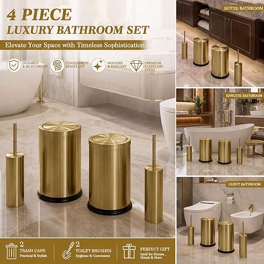 Maxdot 4 Pcs 2.4 Gallon/9 L Gold Bathroom Trash Can with Flip Lid and Toilet Brush Set, Hotel Small Stainless Steel Luxury Garbage Trash Can Wastebasket Bin for Home Bathroom Bedroom Kitchen Office