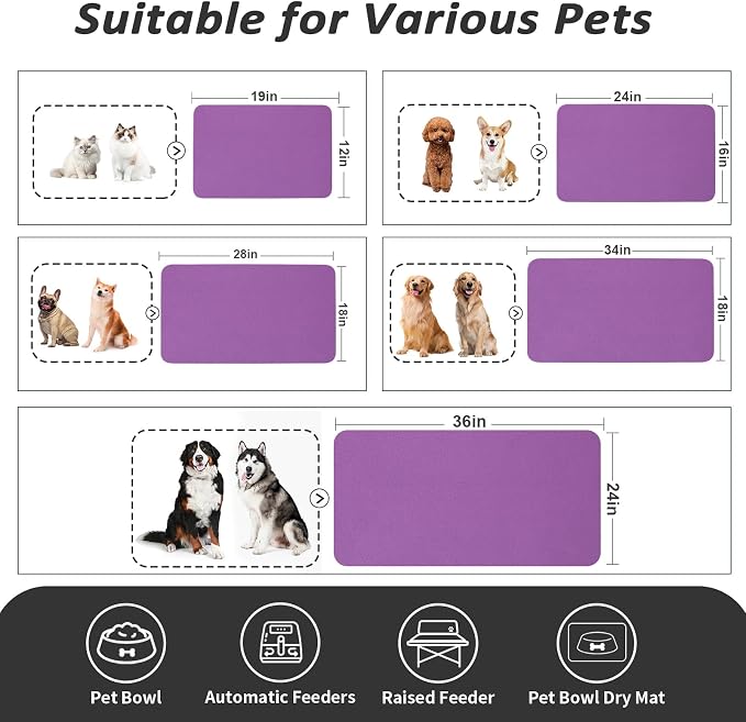 HotLive Dog Food Mat - Absorbent Cat Mat for Food and Water, No Stains Pet Feeding Bowl Mat, Easy to Clean Pet Placemats, Quick Dry Dog Water Dispenser Mat for Messy Drinkers | Purple 24"x36"